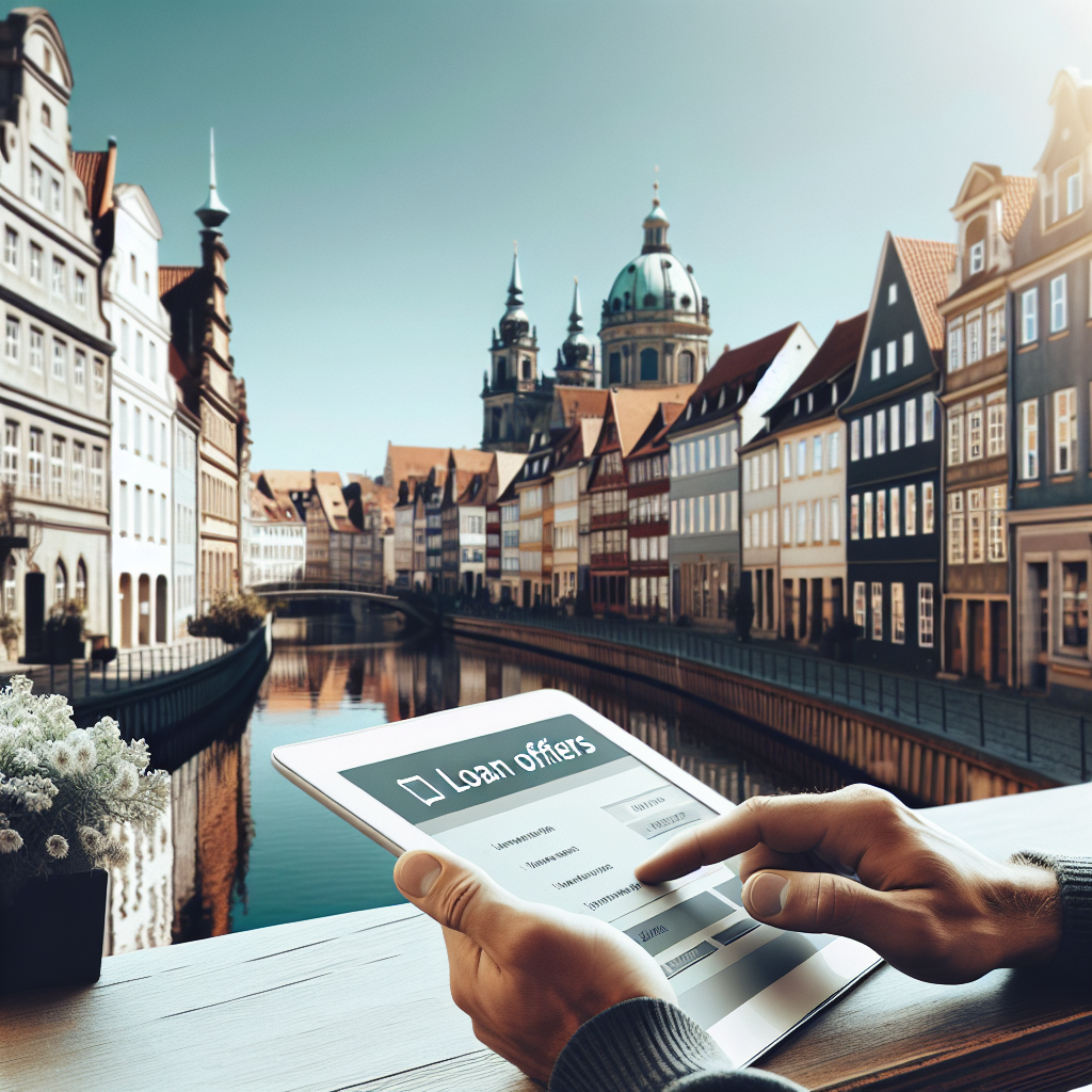 Nærbilde av en rolig nordisk bykjerne med en person som sammenligner lånetilbud på en tablet, nøytral fargepalett, moderne finansstil