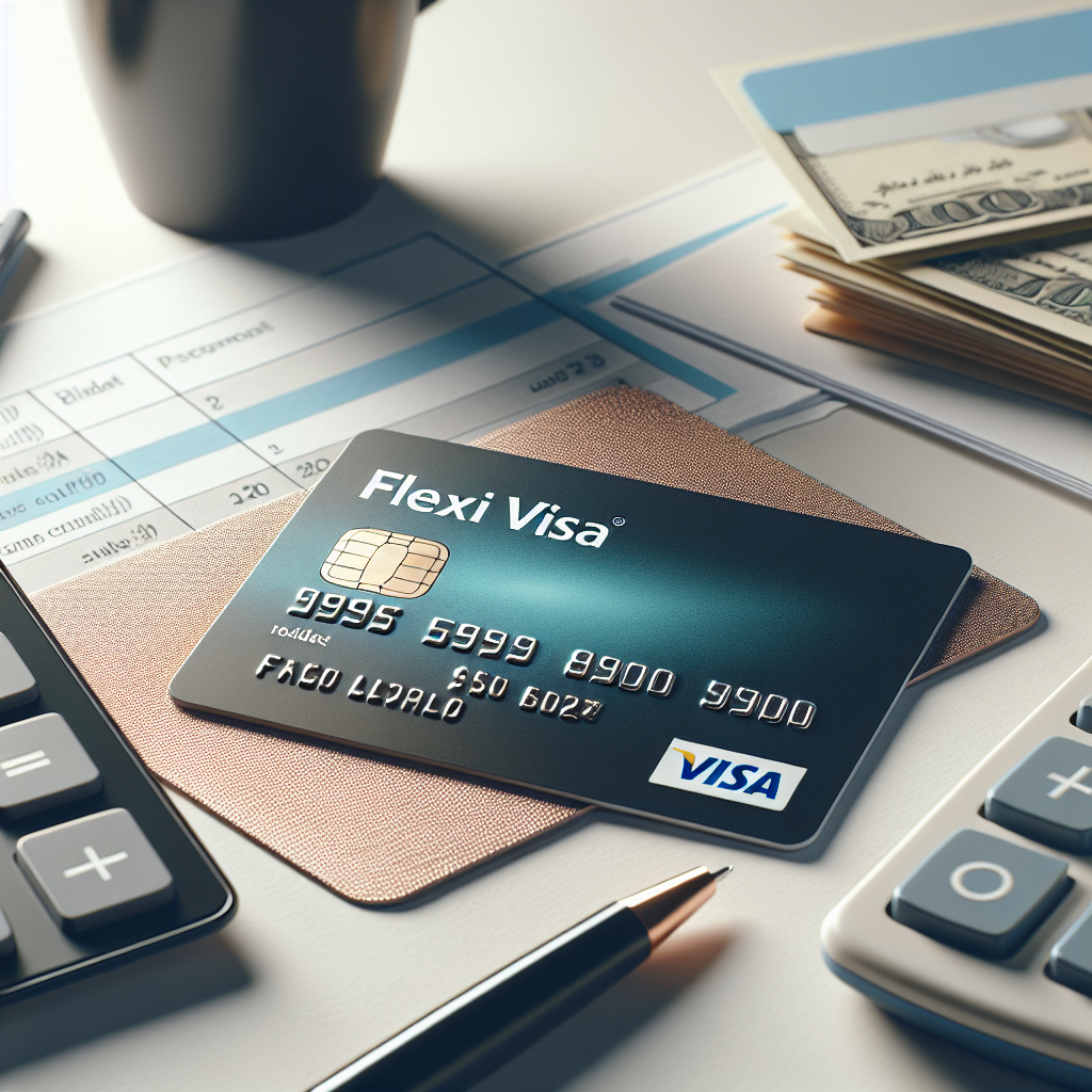 Nærbilde av et moderne kredittkort merket 'Flexi Visa' på et bord, omgitt av budsjettnotater, kalkulator og en kaffekopp, lys, profesjonell stil