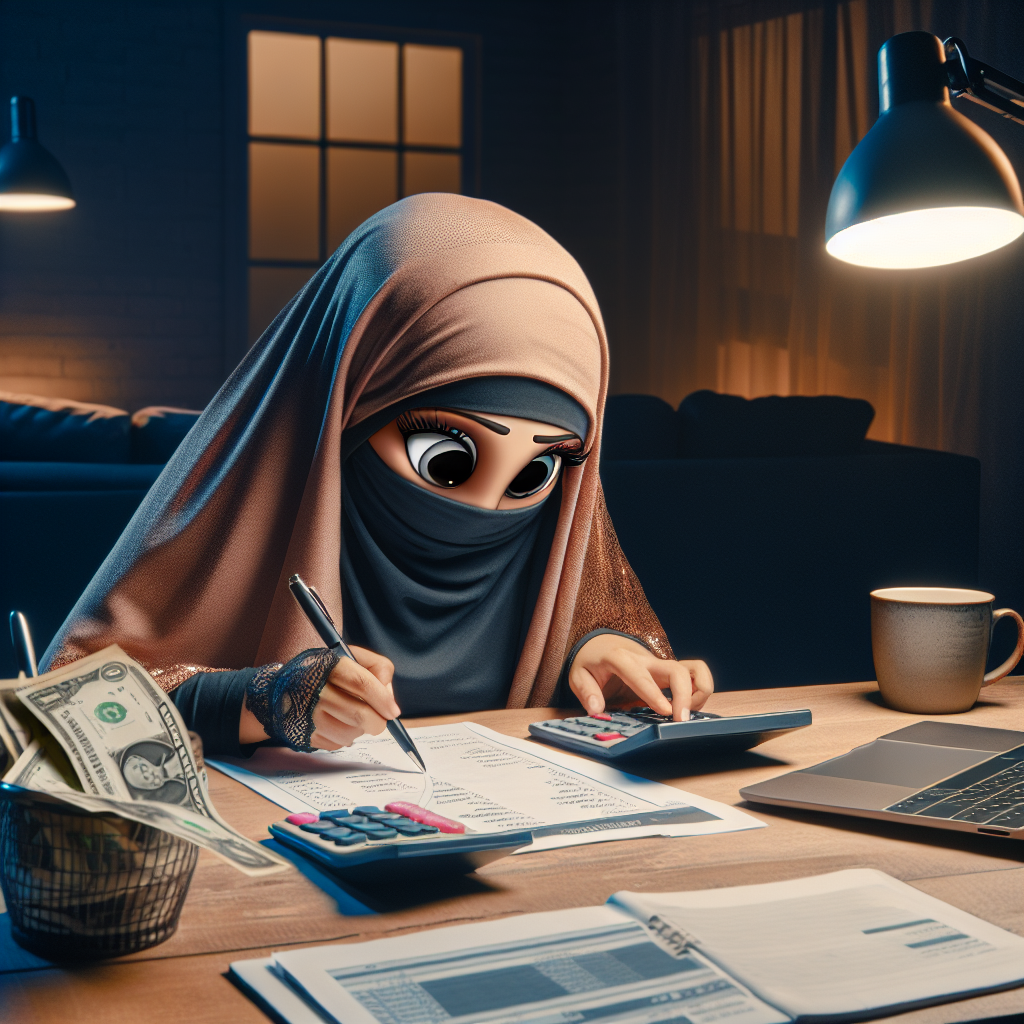 En rolig, moderne hjemmejobb-setting: en person som organiserer regninger og noterer et budsjett ved et bord, dempet lys, kalkulator, laptop, og en kopp kaffe