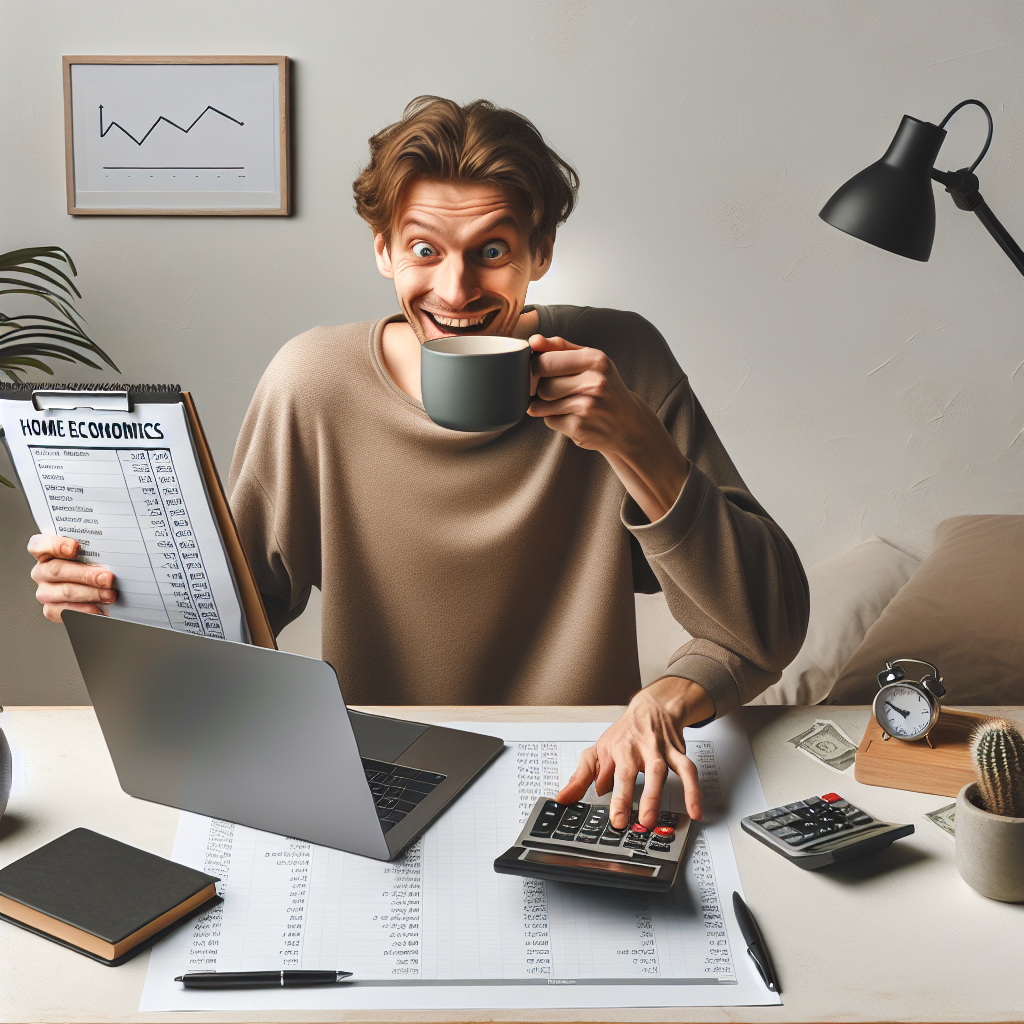 En rolig nordisk hjemmeøkonomi-scene: en person med laptop og budsjettark, kalkulator og en kopp kaffe, minimalistisk, nøytrale farger